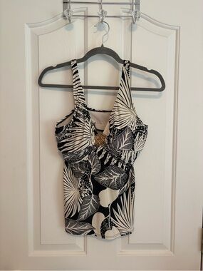 Black & White Floral Tank Top with Decorative Accent built in bra